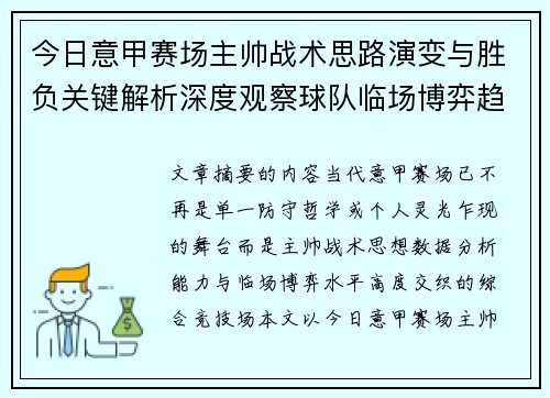今日意甲赛场主帅战术思路演变与胜负关键解析深度观察球队临场博弈趋势