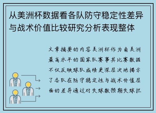 从美洲杯数据看各队防守稳定性差异与战术价值比较研究分析表现整体